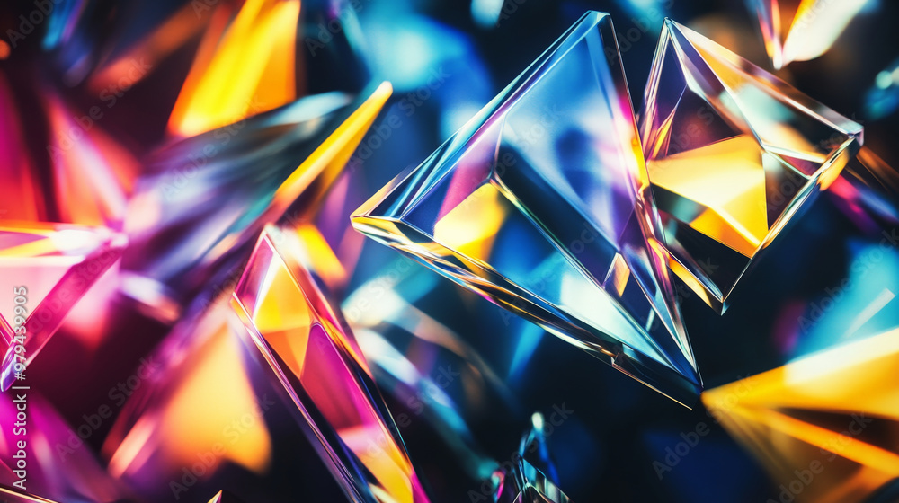 Abstract prism shapes reflect a radiant color spectrum from blue to yellow, creating a dynamic, colorful backdrop with bright light shards across a deep black background. Abstract prism shapes reflect a radiant color spectrum from blue to yellow, creating a dynamic, colorful backdrop with bright light shards across a deep black background.