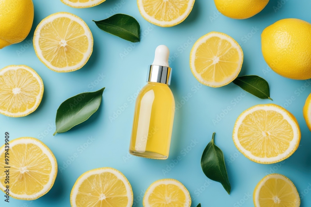 Creation of a lemon-infused beauty serum displayed against a turquoise backdrop. Focus on natural skincare items emphasizing the advantages of citrus extracts Creation of a lemon-infused beauty serum displayed against a turquoise backdrop. Focus on natural skincare items emphasizing the advantages of citrus extracts