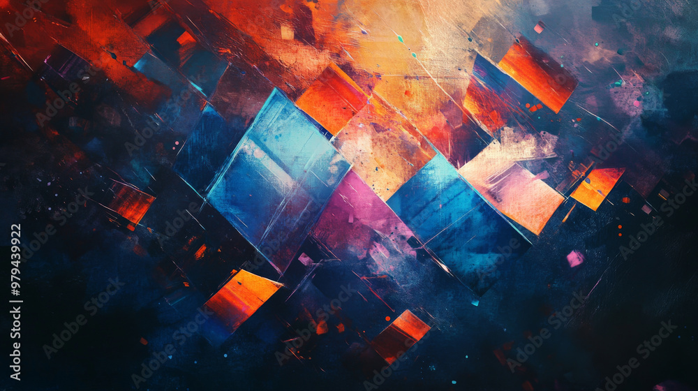 Fototapeta premium Abstract prisms reflect beams of intense color, scattering vibrant hues of blue, orange, and purple across a dark, moody background.