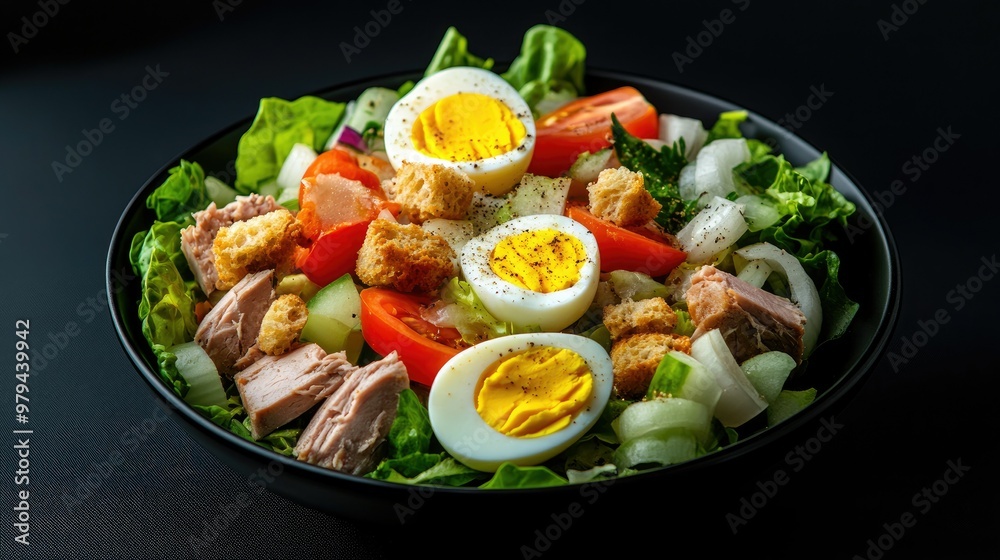Fresh salad with boiled eggs, tuna, cos lettuce, onions, and tomatoes, topped with croutons and served with dipping sauce in a bowl, isolated on black for a clean food concept. Fresh salad with boiled eggs, tuna, cos lettuce, onions, and tomatoes, topped with croutons and served with dipping sauce in a bowl, isolated on black for a clean food concept.