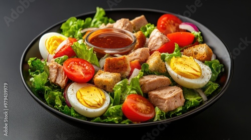 Fresh salad with boiled eggs, tuna, cos lettuce, onions, and tomatoes, topped with croutons and served with dipping sauce in a bowl, isolated on black for a clean food concept.