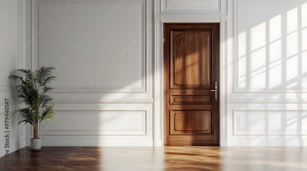 Fototapeta premium An elegant brown wooden door set against pure white walls in a minimalist interior with hardwood flooring, highlighted by soft ambient lighting and architectural details.
