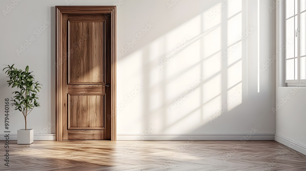 Obraz premium An elegant brown wooden door set against pure white walls in a minimalist interior with hardwood flooring, highlighted by soft ambient lighting and architectural details.