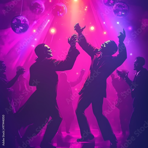 Monster Mash Madness: Classic Creatures Dance Under Disco Lights in Spooky Party Poster