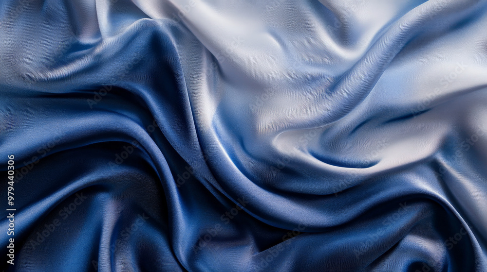 Obraz premium Abstract silk fabric in gradient tones of midnight blue and soft silver, with soft flowing waves creating an elegant, serene background.