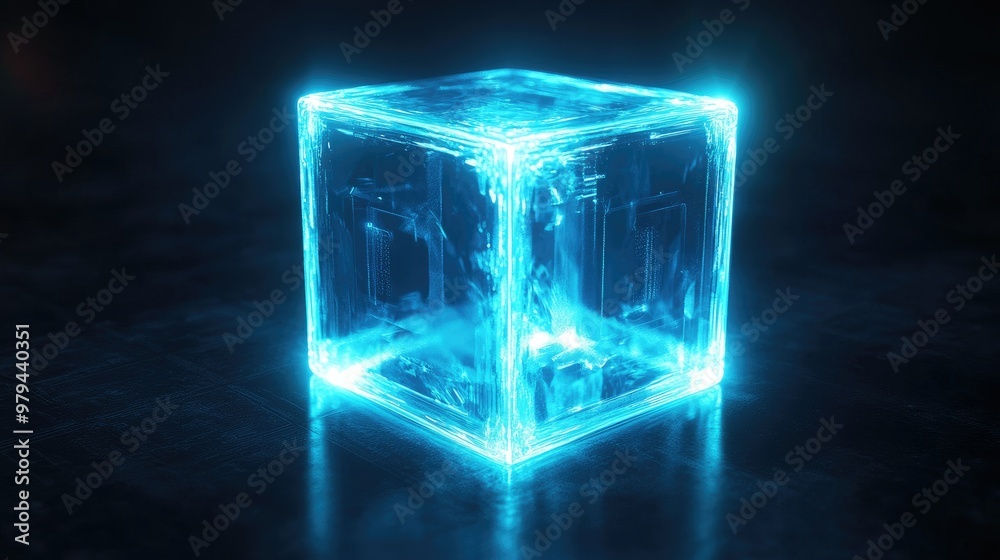 A glowing blue neon cube floating in space, emitting radiant light from all sides, symbolizing futuristic technology on a transparent background A glowing blue neon cube floating in space, emitting radiant light from all sides, symbolizing futuristic technology on a transparent background