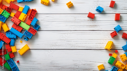 Top view on multicolor toy bricks on white wooden background. Children toys on the table photo