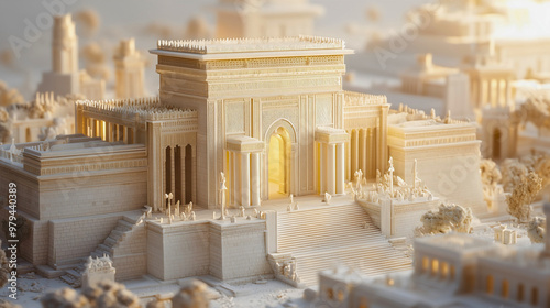 A small sketch of Solomon's Temple made of white marble, showcasing the entire temple with a large structure in the center, represents a biblical event.