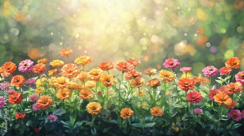 A vibrant field of blooming flowers under soft sunlight, creating a cheerful and uplifting atmosphere filled with color.