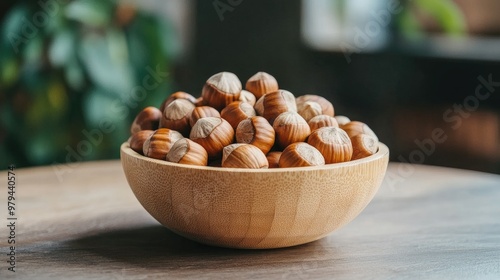 Healthy snack concept featuring a wooden bowl filled with hazelnuts, symbolizing the benefits of nuts in a balanced and nutritious diet