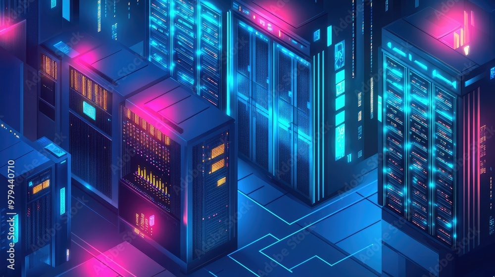 Obraz premium A glowing server room in an isometric design, featuring datacenters and big data processing technology.
