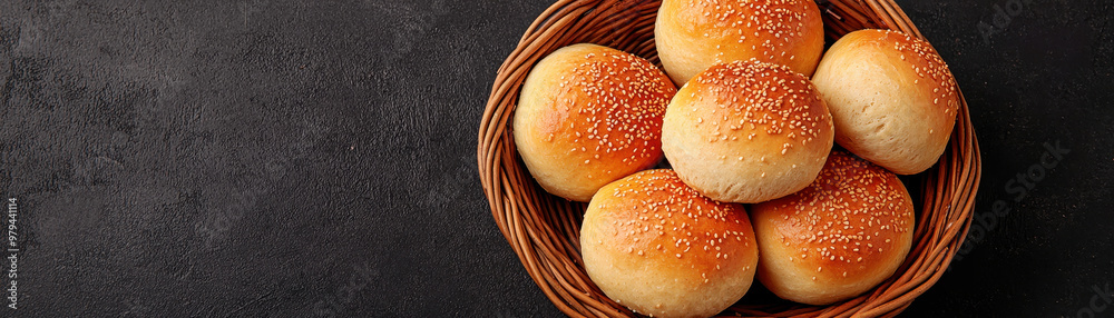 Freshly baked dinner rolls in basket, golden brown and topped with sesame seeds, create warm and inviting atmosphere perfect for any meal Freshly baked dinner rolls in basket, golden brown and topped with sesame seeds, create warm and inviting atmosphere perfect for any meal