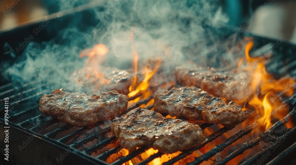 Grilling meat on an open flame with visible heat and smoke, outdoor BBQ setting Grilling meat on an open flame with visible heat and smoke, outdoor BBQ setting