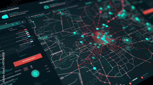 Futuristic digital interface with real-time crime prediction data, map highlighting high-risk areas and crime trends, clean dark background emphasizing advanced technology.
