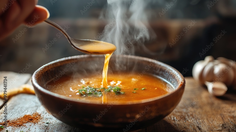 Hot soup being ladled into a bowl, steam swirling up from the rich broth, rustic wooden table