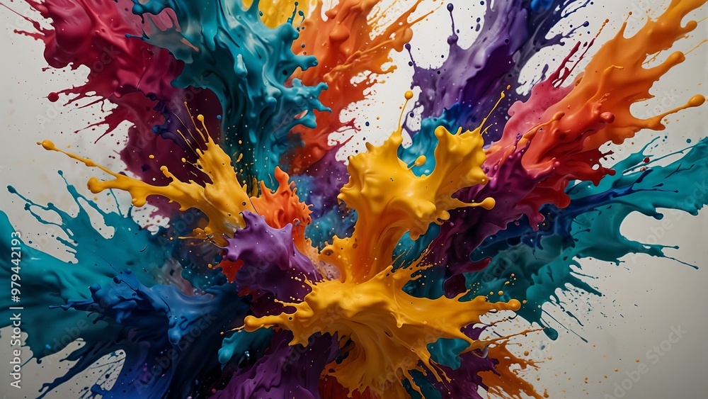 Background with Red, Purple, Blue, Yellow, and Orange Paint Splashes, Vibrant and Dynamic Background with Red, Purple, Blue, Yellow, and Orange Paint Splashes, Vibrant and Dynamic