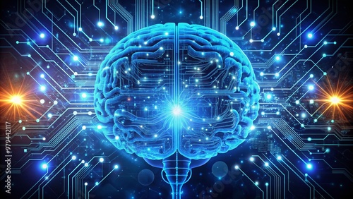 Futuristic robot brain with glowing blue circuits and wires, surrounded by coding scripts and mathematical equations on a dark background, symbolizing AI technology. photo