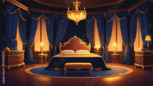 Luxurious Royal Chamber with Grand Bed, Silk Curtains, Lamp-lit Elegance in Midnight Cartoon Style