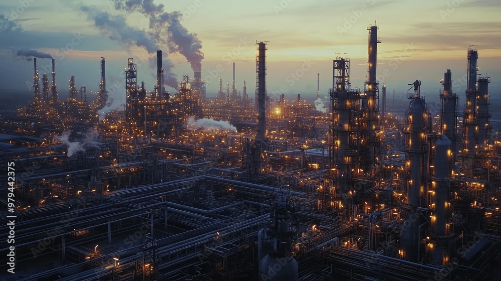 Obraz premium High-angle view of a sprawling oil refinery at dawn, with gasoline supply tanks, distillation towers, and chemical factories, pipelines stretching out