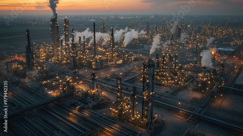 High-angle view of a sprawling oil refinery at dawn, with gasoline supply tanks, distillation towers, and chemical factories, pipelines stretching out