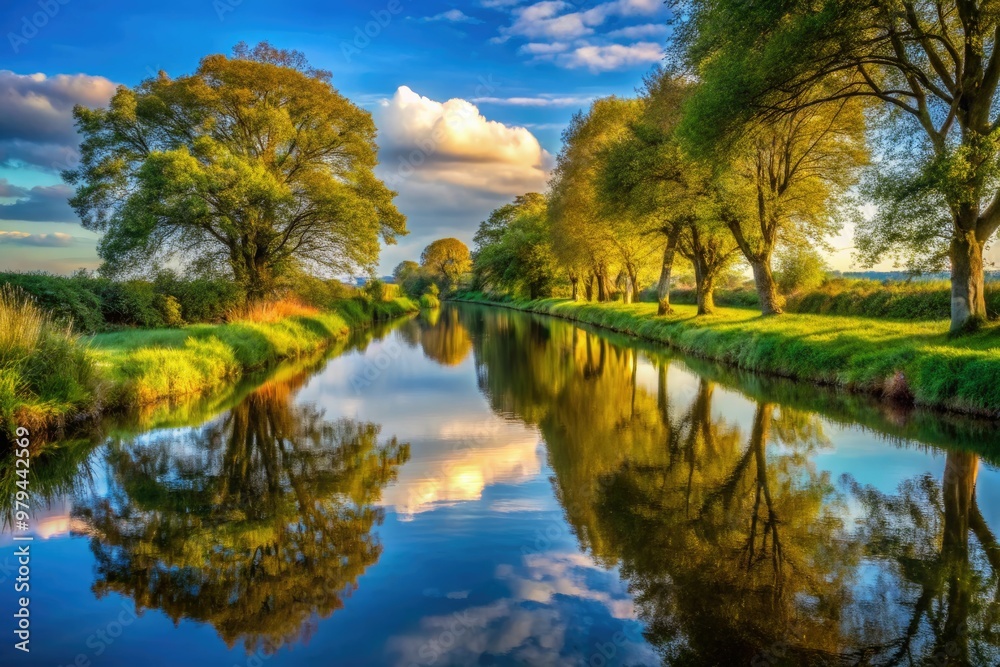 Tranquil rural canal mirrorlike stillness Tranquil rural canal mirrorlike stillness
