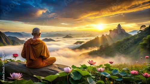 Serenene Buddhist monk meditates at sunrise on misty mountain peak, surrounded by bloomingLotus flowers, exuding tranquility, peace, and harmony with nature. photo