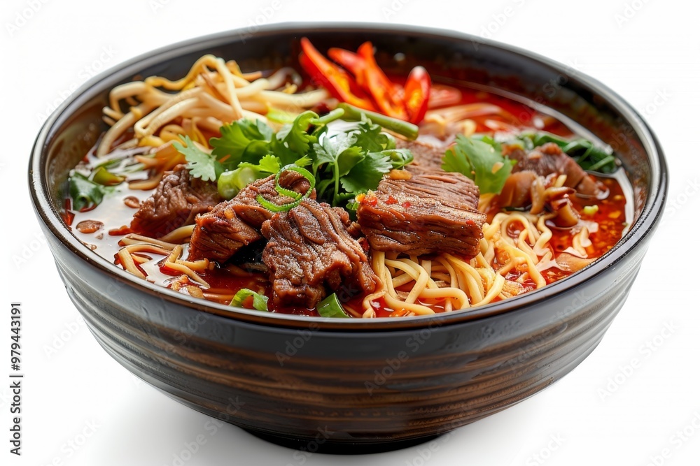 spicy Thai noodle soup with beef and vegetables