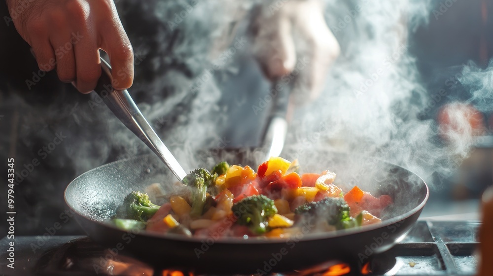 Steam rising from a hot pan as a chef stir-fries vegetables over high heat, vibrant kitchen setting Steam rising from a hot pan as a chef stir-fries vegetables over high heat, vibrant kitchen setting