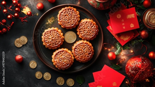 An exquisite display of traditional mooncakes on a dark table, surrounded by festive decorations for celebration. photo