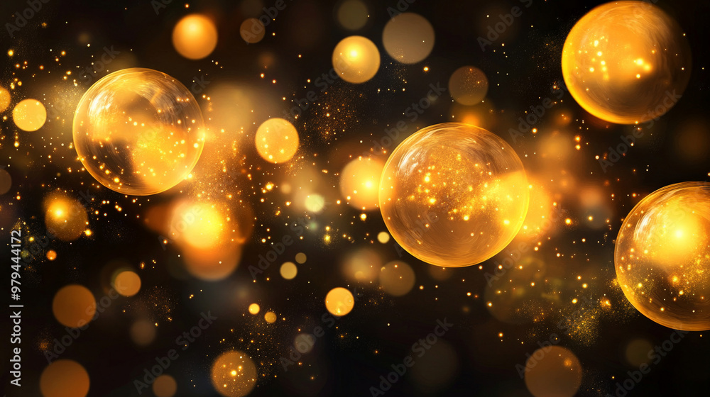 Bright golden light orbs gently floating against a deep black background, creating a warm, magical atmosphere. Bright golden light orbs gently floating against a deep black background, creating a warm, magical atmosphere.