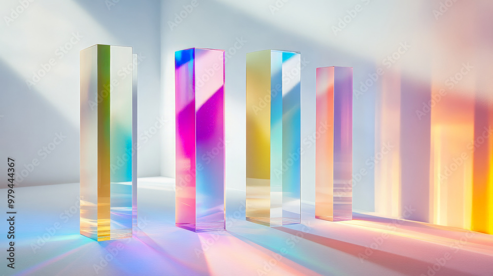 Fototapeta premium Bright light passes through transparent prisms, creating soft yet vibrant rainbow gradients that gently blend into a clean, smooth white backdrop.
