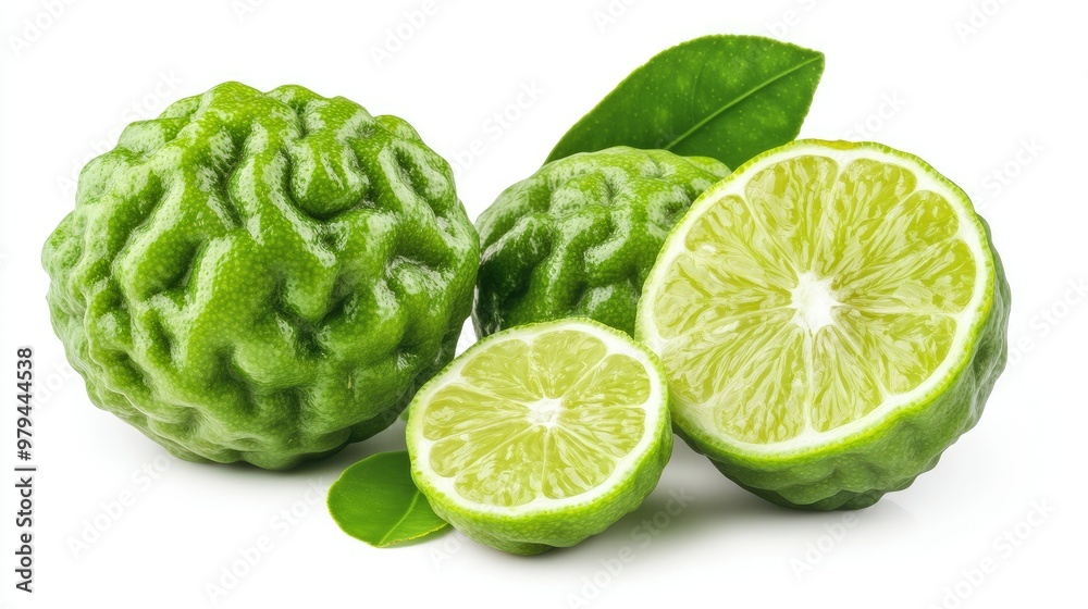 High-resolution image of fresh green bergamot fruits, with one cut in half on a white background. Clipping path included. High-resolution image of fresh green bergamot fruits, with one cut in half on a white background. Clipping path included.