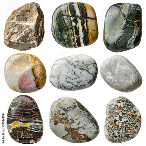 Beautiful collection of nine colorful polished stones showing various textures, isolated on white photo