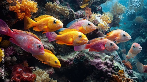 A group of brightly colored fish swimming in a coral reef