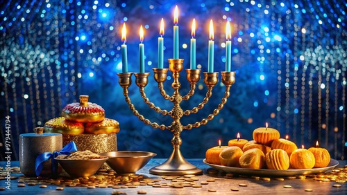 Vibrant menorah with eight lit candles and shiny goldcoins surrounded by traditional Jewish delicacies and decorations on a festive blue tablecloth. photo