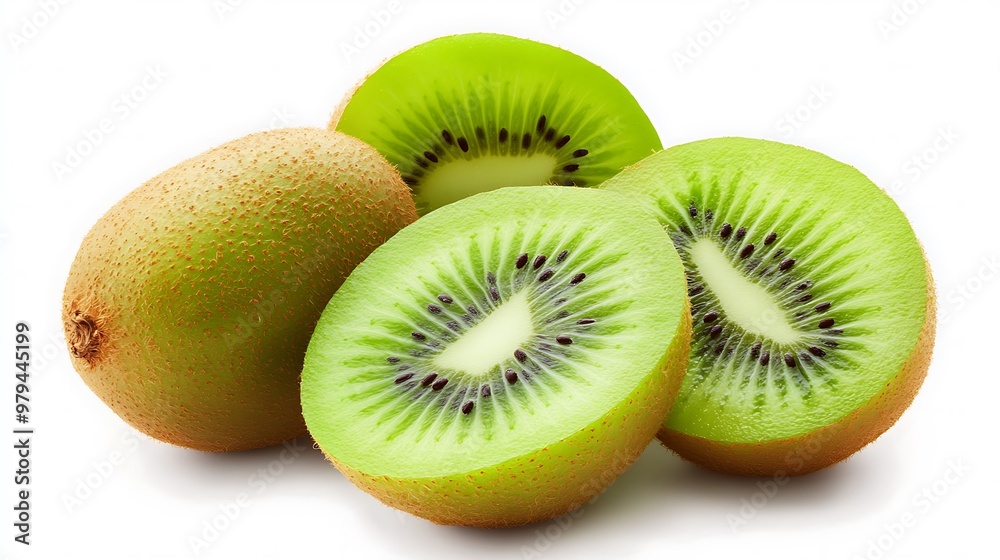 Fresh kiwi fruit isolated on a white background, showcasing its juicy green interior and brown skin, perfect for a healthy diet Fresh kiwi fruit isolated on a white background, showcasing its juicy green interior and brown skin, perfect for a healthy diet