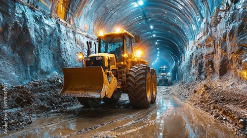 Heavy construction bulldozer working in a tunnel excavation site