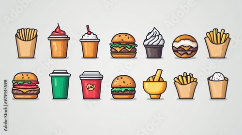 Wallpaper Mural A colorful set of fast food icons including burgers, fries, drinks, and desserts in a modern, cartoonish style on a light background. Torontodigital.ca