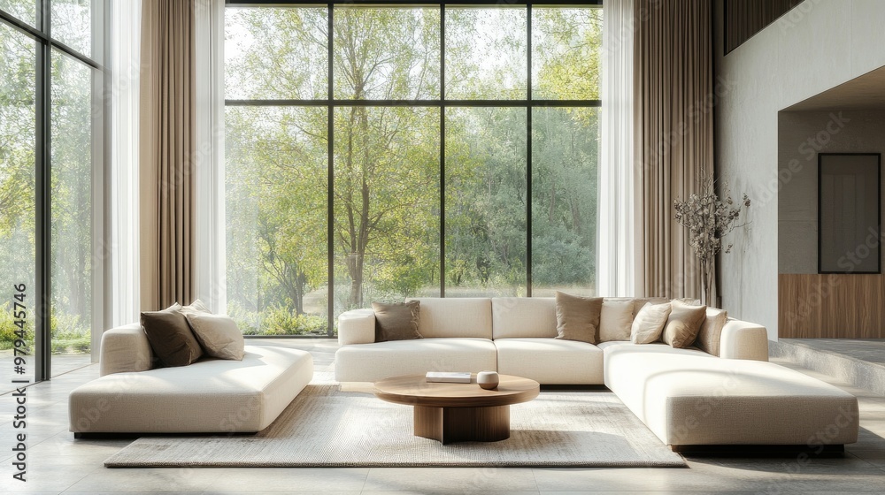 Wide view of a modern minimalist living room with sleek furniture, neutral colors, and large windows letting in natural light Wide view of a modern minimalist living room with sleek furniture, neutral colors, and large windows letting in natural light