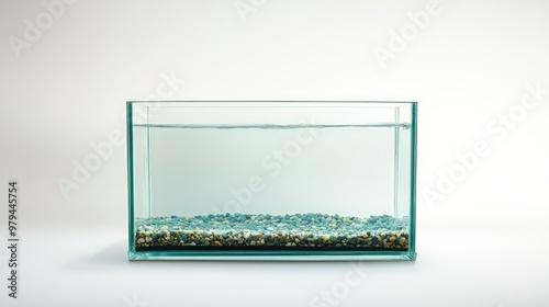 A clear glass fish tank aquarium, completely empty, set against a simple white background. photo