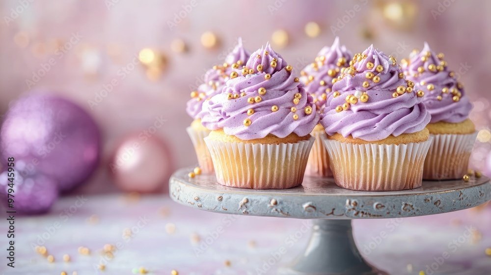 Homemade cupcakes with purple whipped cream and golden sprinkles on a vintage cake stand, surrounded by party decorations and pastel colors. Homemade cupcakes with purple whipped cream and golden sprinkles on a vintage cake stand, surrounded by party decorations and pastel colors.