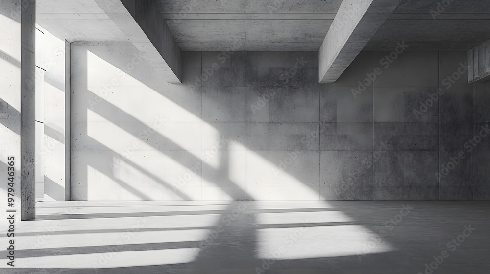 Obraz premium A minimalist concrete architecture scene featuring grey tones and geometric shadows in an empty industrial space, emphasizing sunlight streaks and brutalist design elements.