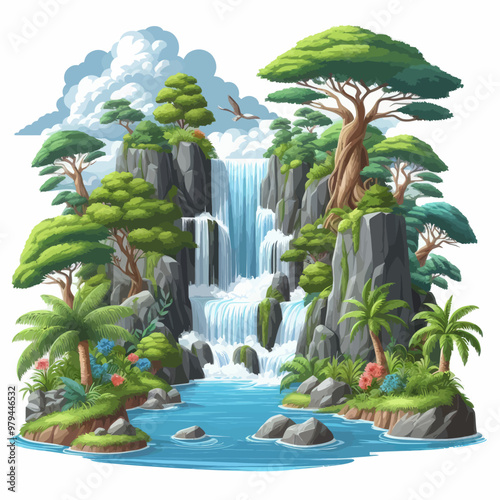 Vector of roaring waterfall in the forest