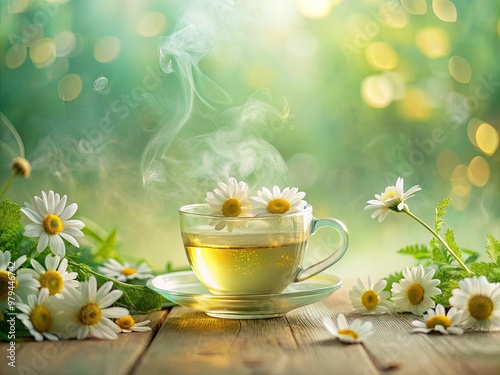 dreamy ethereal morning scene chamomile green tea infusion soft misty atmosphere delicate flowers pastel colors romantic peacefulness mood