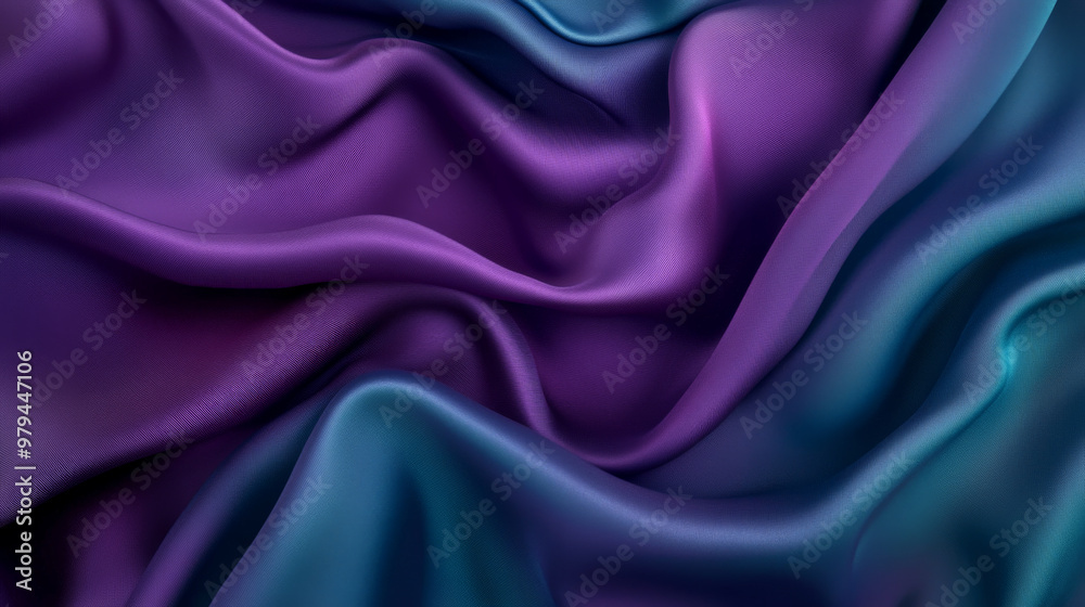 Fototapeta premium Fluid abstract silk fabric in rich violet and deep teal, with smooth waves and folds creating a sense of movement and elegance.