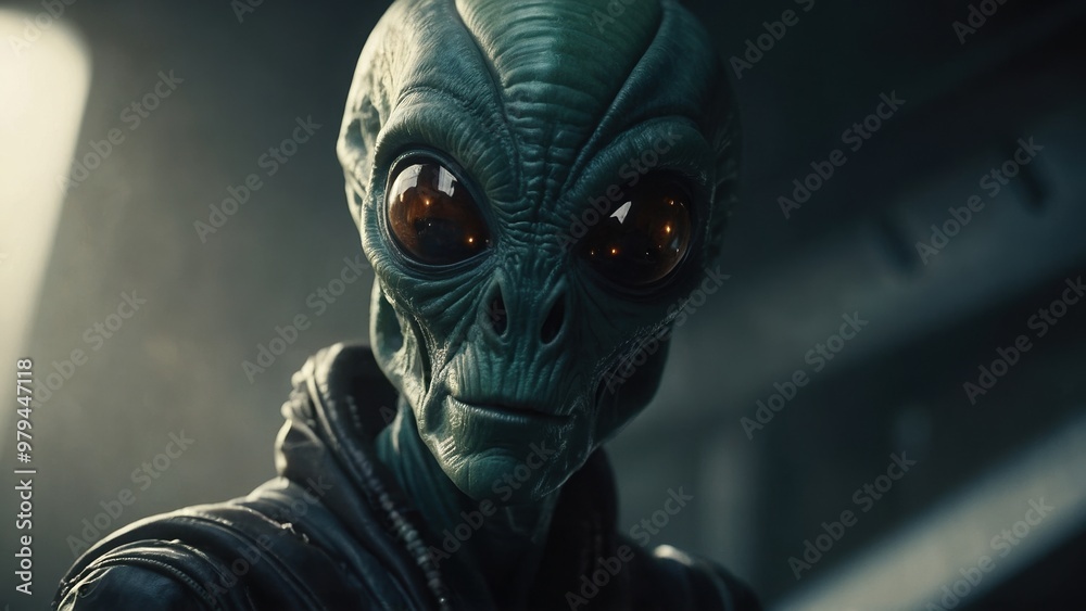 Alien visitor and its high-tech saucer create a dynamic and visually stunning scene Alien visitor and its high-tech saucer create a dynamic and visually stunning scene