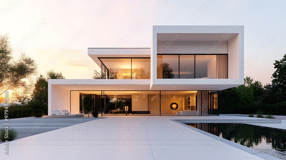 A minimalist white modern house with clean geometric architecture and large glass windows reflecting the sunset, showcasing contemporary luxury in an empty courtyard. A minimalist white modern house with clean geometric architecture and large glass windows reflecting the sunset, showcasing contemporary luxury in an empty courtyard.