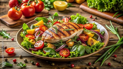 Freshly prepared wholesome meal of grilled chicken, mixed greens, and colorful vegetables on a rustic wooden table, surrounded by natural light and greenery. photo