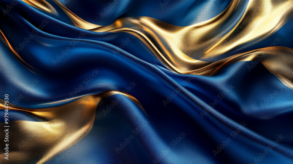 Fototapeta premium Fluid waves of silk in deep royal blue and gold, flowing in abstract folds with soft reflections and a luxurious, elegant texture.