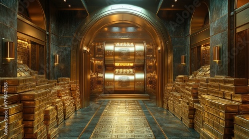 A bank vault filled with stacks of money and gold bars